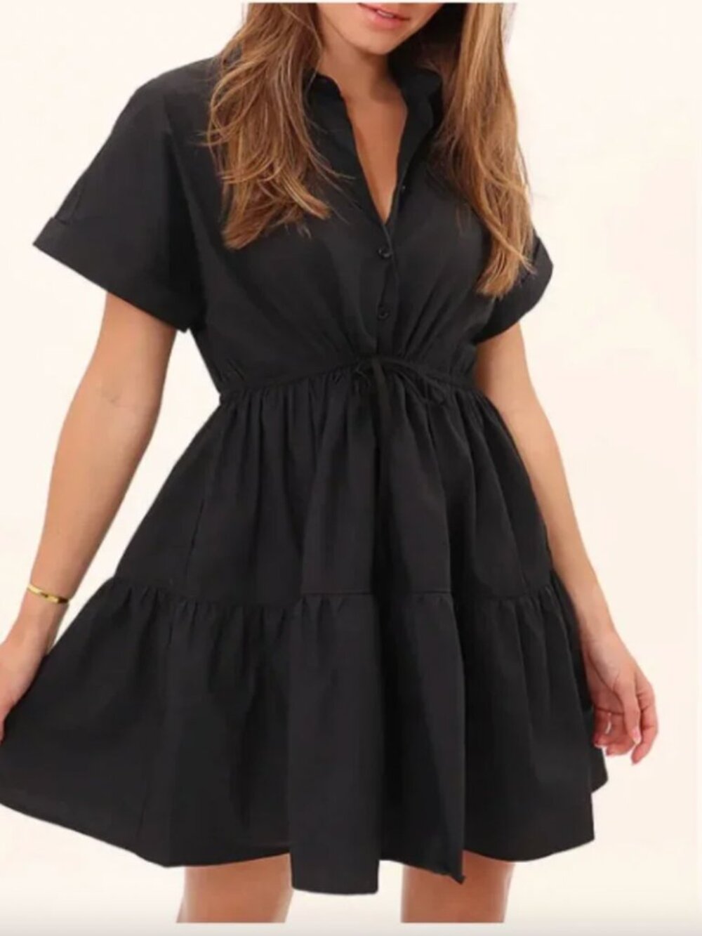 Deluc 100% Cotton Mini Babydoll Shirt Dress Tiered Tie Waist Summer Minimalist